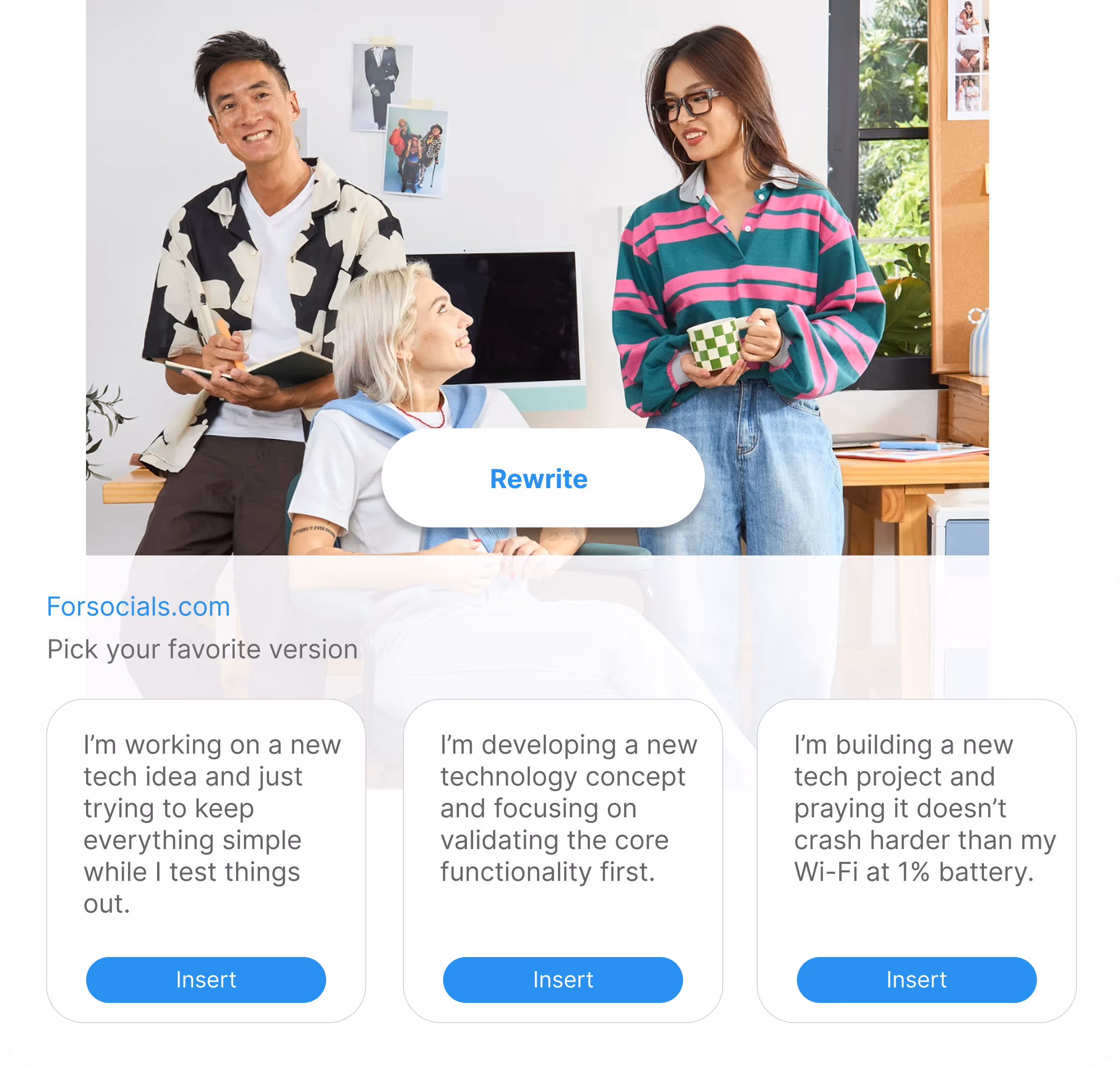 Dashboard showing three rewriting options